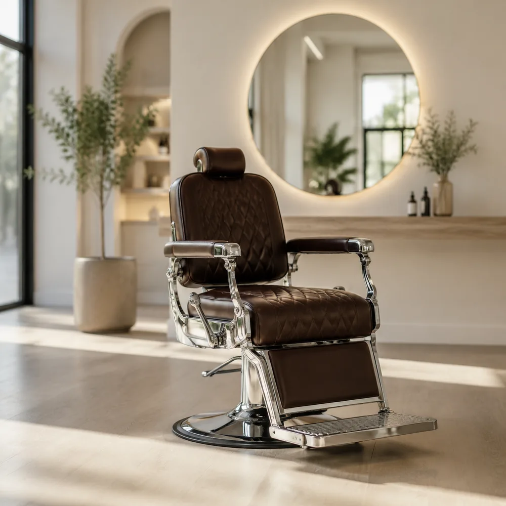 An espresso quilted-leather barber chair under a backlit halo mirror